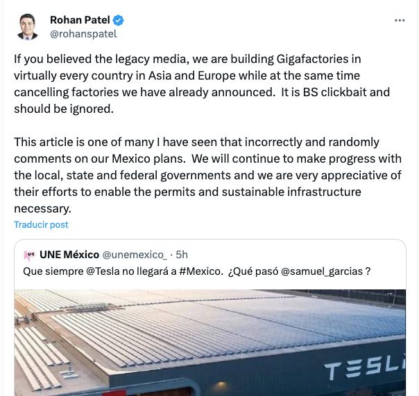 Tranquilos, Tesla sí va. Todo marcha muy bien y conforme a lo planeado.

El gobierno del Nuevo Nuevo León trabaja incansablemente de la mano de Tesla para cumplir con los compromisos de infraestructura que requiere la Gigafactory.

Tendremos a Tesla en Nuevo León y en México.