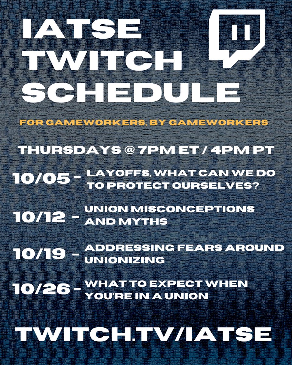 Attention all gameworkers! Join us Thursdays @ 7PM ET starting TONIGHT as we discuss commonly asked questions related to unions and unionizing! 🎮 💪
TWITCH.tv/IATSE
