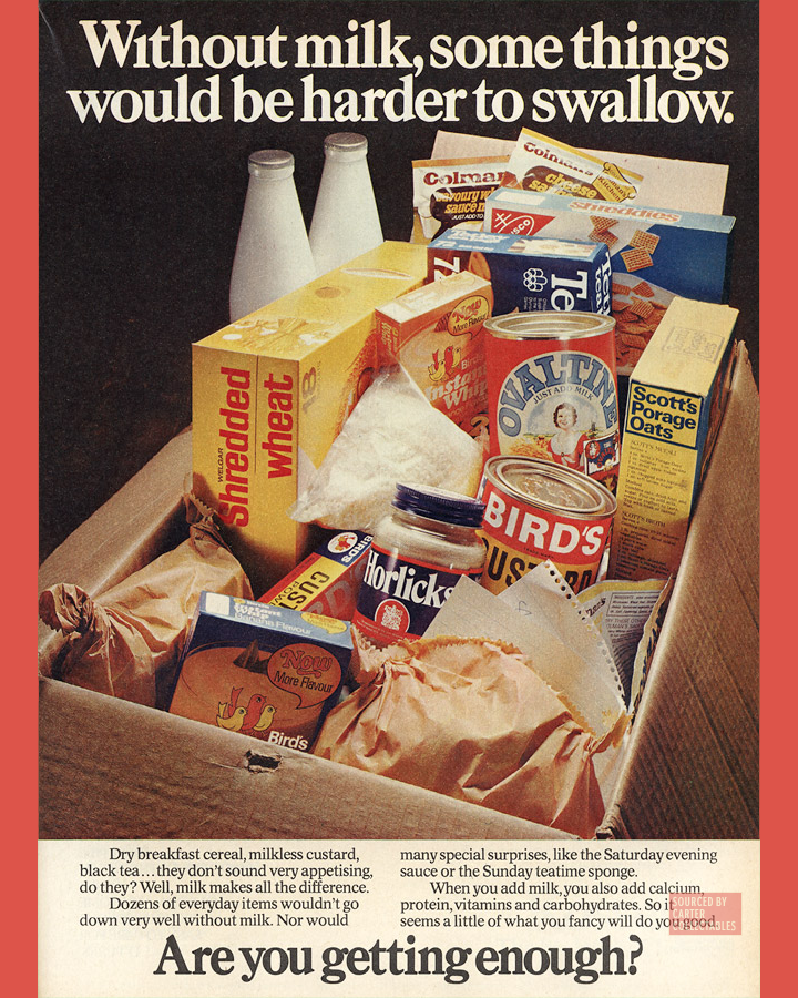 A typical box of groceries from 1977. Milk advert. #VintageAdvertising #BritishBrands #GreatBritishFood #1970s #1977
