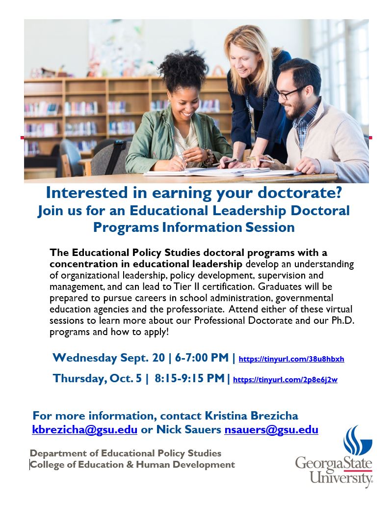 GSU Educational Leadership (@gsuedlead) on Twitter photo Looking to earn your doctorate? 🌟Join us for an informational session tonight (10/5) 8:15-9:15 PM! 📷tinyurl.com/2p8e6j2w #GSUEdlead #LeadershipMatters #EdLeadership <a href="/NJSauers/">Nick Sauers</a> <a href="/kbrezicha/">Kristina Brezicha</a> <a href="/HelenWangYying/">Yinying Wang</a> <a href="/willrumbaugh/">Will Rumbaugh</a>
<a href="/gsucehd/">College of Education & Human Development</a> Looking to earn your doctorate? 🌟Join us for an informational session tonight (10/5) 8:15-9:15 PM! 📷tinyurl.com/2p8e6j2w #GSUEdlead #LeadershipMatters #EdLeadership <a href="/NJSauers/">Nick Sauers</a> <a href="/kbrezicha/">Kristina Brezicha</a> <a href="/HelenWangYying/">Yinying Wang</a> <a href="/willrumbaugh/">Will Rumbaugh</a>
<a href="/gsucehd/">College of Education & Human Development</a>