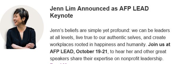 I'm incredibly excited to welcome <a href="/byjennlim/">jenn lim</a> to #AFPLEAD in a couple of weeks! She is the author of #BeyondHappiness and named one of the World’s Top 50 Keynote Speakers. She has been featured in Inc., Forbes &amp; Fast Company Magazine. Click here to register afplead.org