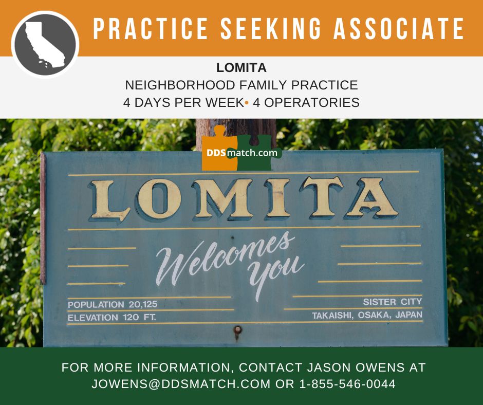 ddsmatch_socal's tweet image. LOMITA - Neighborhood Family Practice
Seeking Associate for 4 days per week
bit.ly/3S4Ozcf 
#ddsmatch #dentistry #practicetransitions #dentalpractice #trustedtransition #CAdentist #ddsmatchsocal