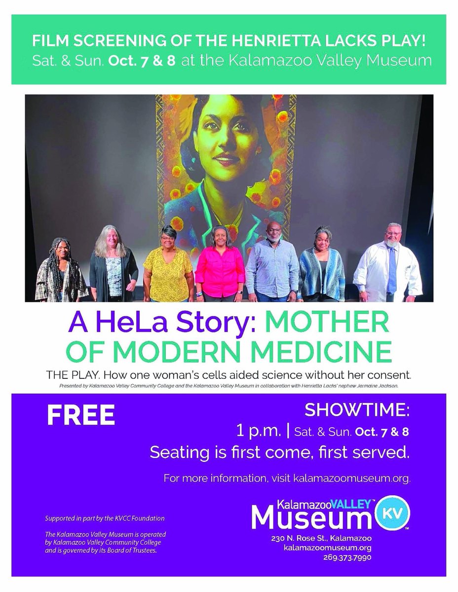🗣️ JUST IN!! Two screenings of the video recording of the “HeLa” play about Henrietta Lacks have been added at the Kalamazoo Valley Museum! Showtimes are Saturday, Oct. 7 and Sunday, Oct. 8, at 1 p.m. Seating is first come, first served. FREE. #Kalamazoo #HenriettaLacksDay2023