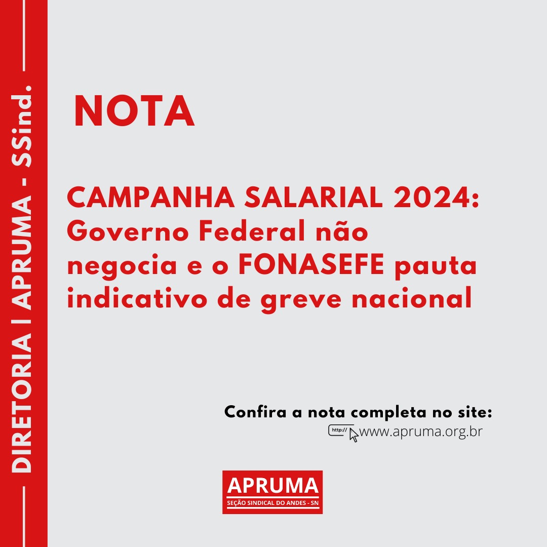 apruma's tweet image. *NOTA DA DIRETORIA* | CAMPANHA SALARIAL 2024: Governo Federal não negocia e o FONASEFE pauta indicativo de greve nacional.

Confira a nota completa no site da APRUMA - SSind.

apruma.org.br/2023/10/04/cam…