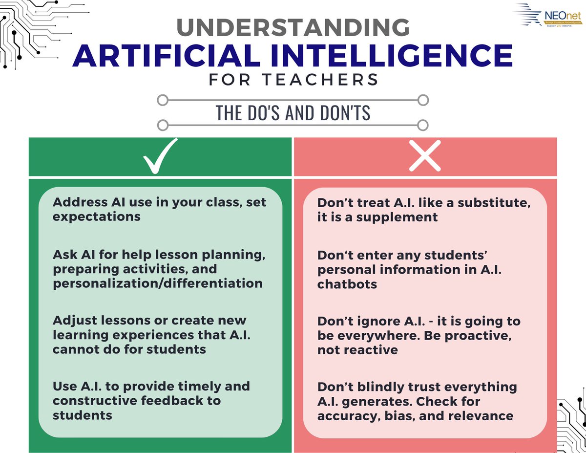 NEOnetEdTech's tweet image. The Do&apos;s and Don&apos;ts of #AI in #Education! What else belongs on this list?

#edtech #teachers #aiedu