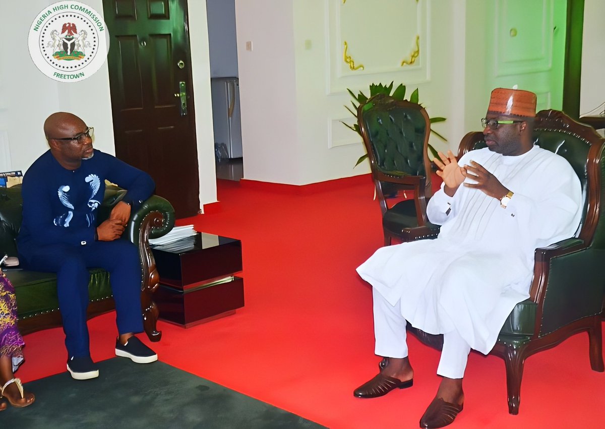 AriKeana's tweet photo. His Excellency Amb. @OmakuHenry Nigeria High Commissioner @ngmission_sle earlier today, played host to the Director, International Operations, Society for Family Health, Pharm. Dennis Aizobu and his team on a courtesy visit at the Nigeria House, Freetown, Sierra Leone. https://t.co/GOkcgiFj48