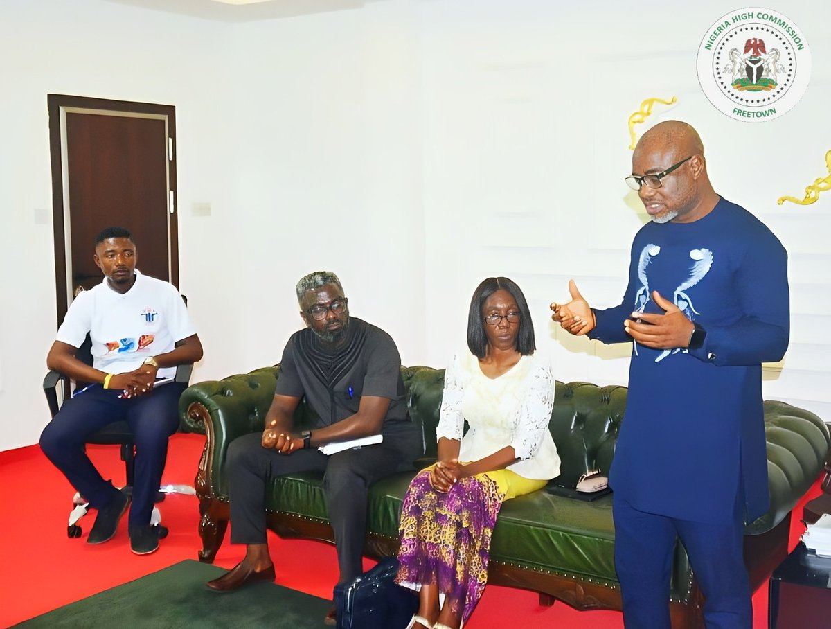 AriKeana's tweet photo. His Excellency Amb. @OmakuHenry Nigeria High Commissioner @ngmission_sle earlier today, played host to the Director, International Operations, Society for Family Health, Pharm. Dennis Aizobu and his team on a courtesy visit at the Nigeria House, Freetown, Sierra Leone. https://t.co/GOkcgiFj48