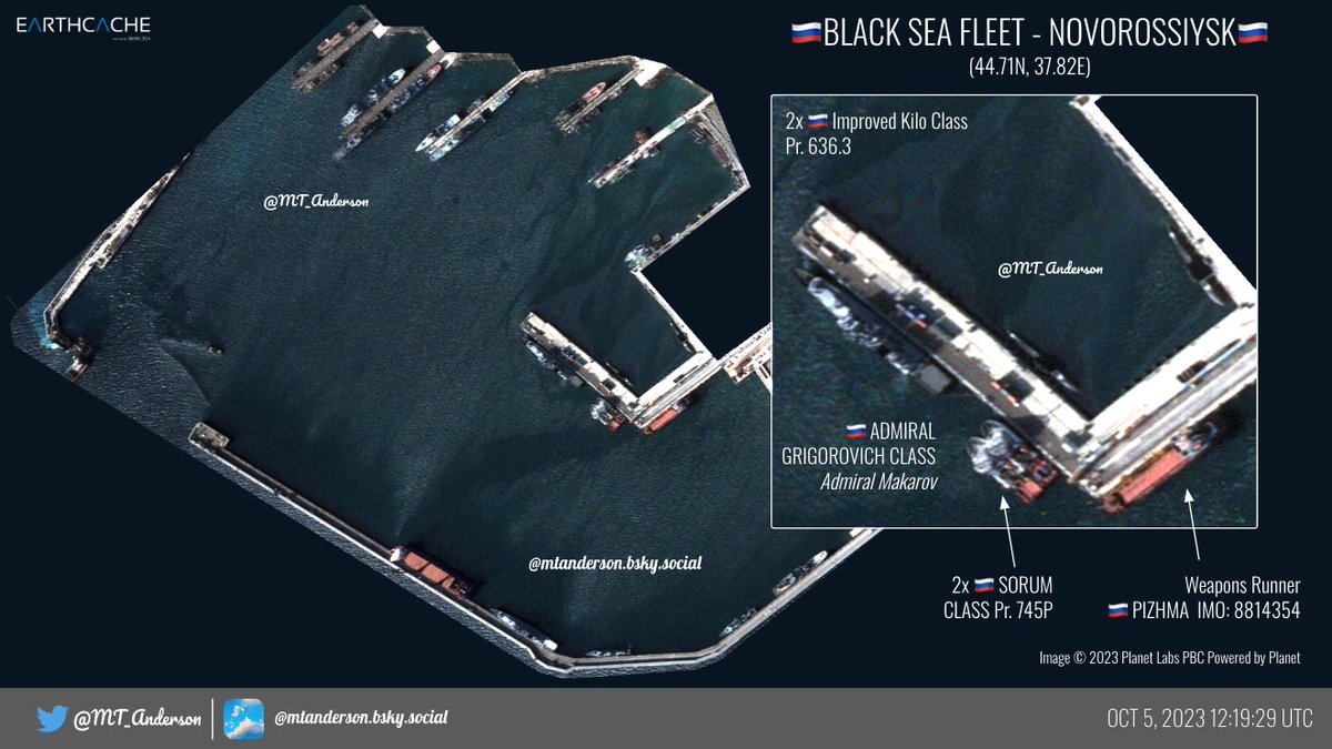 MT_Anderson's tweet photo. 🇷🇺BSF: NOVOROSSIYSK🇷🇺
A couple of interesting items today (5 Oct 2023) based on 0.5M📷 of Novorossiysk

1) New visitor to the dry dock (Pr. 22160)

2) 7x KALIBR shooters: 2x Grigorovich, 3x KILO 636.3 (1x sub outside the sub pen) &amp; 2x Pr. 21631

3) 6x Amphibious  + 1x Pr 22160 https://t.co/ELO8msX3X2