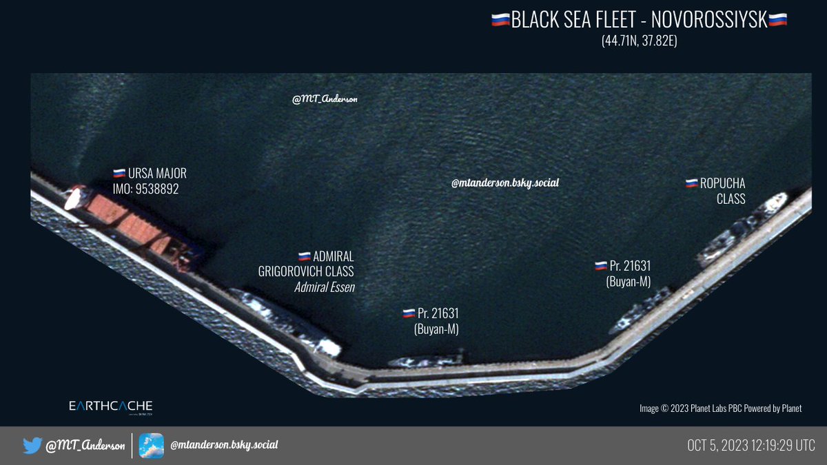 MT_Anderson's tweet photo. 🇷🇺BSF: NOVOROSSIYSK🇷🇺
A couple of interesting items today (5 Oct 2023) based on 0.5M📷 of Novorossiysk

1) New visitor to the dry dock (Pr. 22160)

2) 7x KALIBR shooters: 2x Grigorovich, 3x KILO 636.3 (1x sub outside the sub pen) &amp; 2x Pr. 21631

3) 6x Amphibious  + 1x Pr 22160 https://t.co/ELO8msX3X2