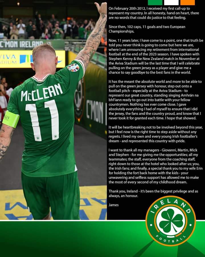 DaithiDoolan's tweet image. A legend on and off the pitch. You did your City &amp;amp; Country proud. Thank you for the years of entertainment. Wishing you &amp;amp; your family all the very best for the future. Go n-eirí an t-ádh leat James McClean! ⚽️ 💚 #mcclean