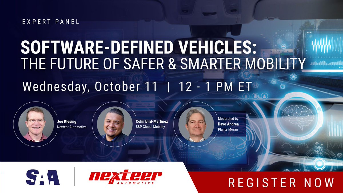 Nexteer's tweet image. #Nexteer’s software expert Joe Klesing, alongside Colin Jamal Bird-Martinez from S&amp;amp;P Global Mobility &amp;amp; David Andrea from Plante Moran, will be sharing industry insights on the road ahead for #SDVs. Register for the FREE live event on October 11 here: ➡️ lnkd.in/gYu9Jjj5