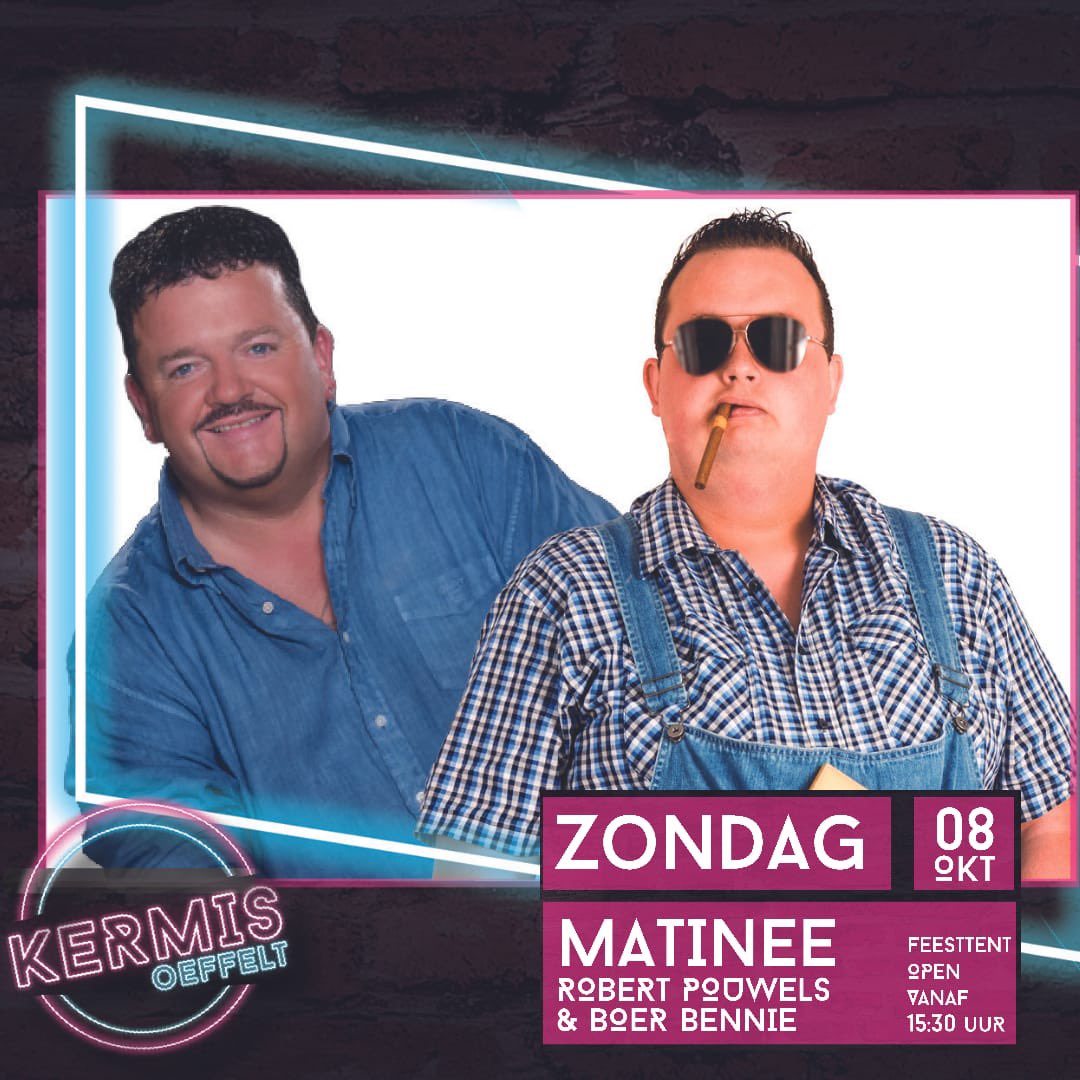 Kom zondag ook naar Oeffelt bij de gezelligste Kermis van de regio, met op het programma:

Robert Pouwels - Als DJ en zanger en natuurlijk Boer Bennie.

Dat mag je niet missen!
Tot zondag in de Oeffeltse feesttent, de grootste Kantine van Nederland! 

kermisoeffelt.nl