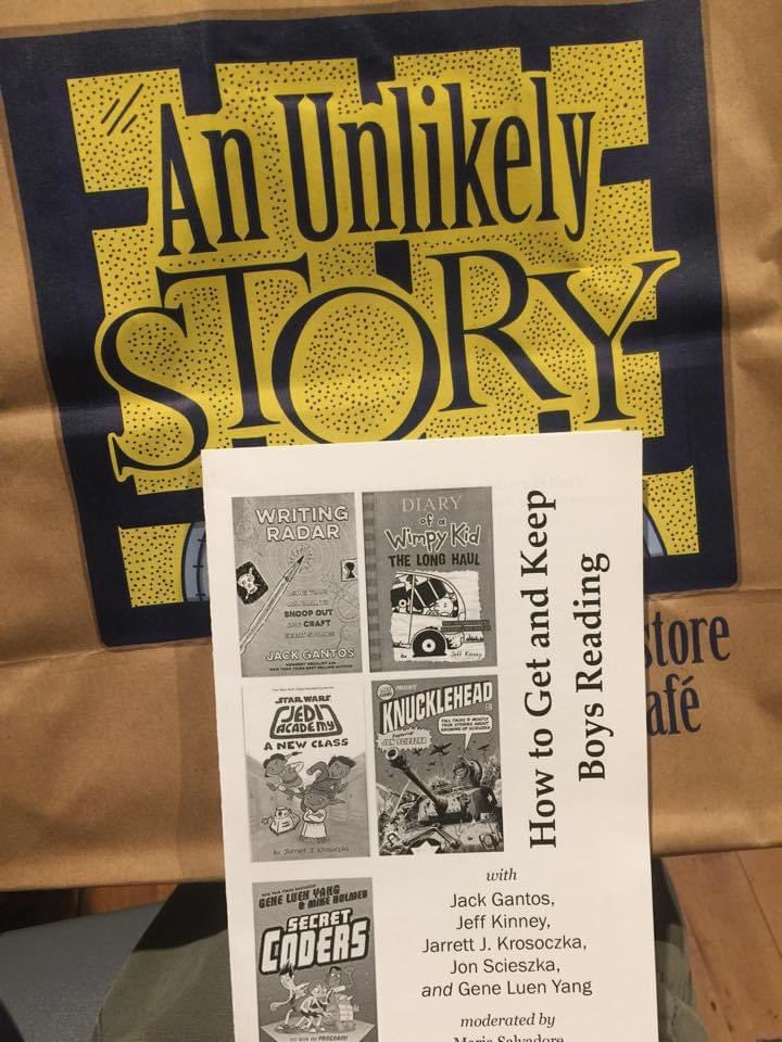 Six years ago- thanks again @geneluenyang @wimpykid @RealJackGantos @StudioJJK @Jon_Scieszka 

Your words at An Unlikely Story continue to resonate- at least two boys  at the store have grown up, while still loving books.