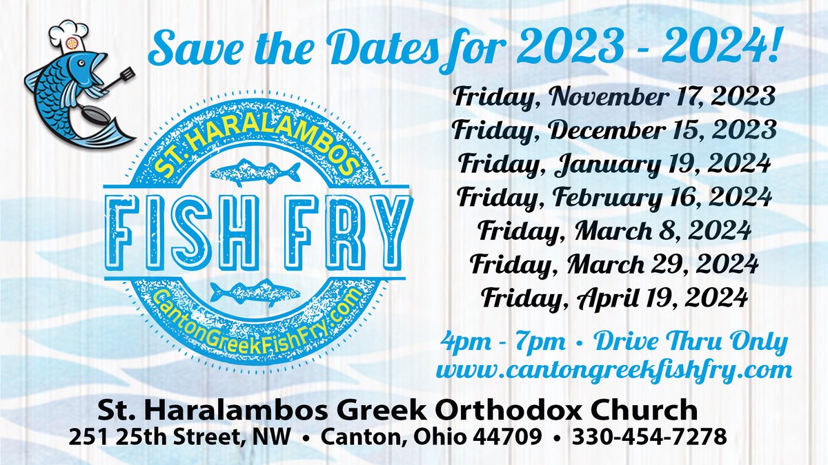 CantonGreekFest's tweet photo. Our friends at Canton Greek Fish Fry are back for another season of Drive Thru Dinners. Save the dates and they'll see you starting November 17, 2023! More information and menu will be posted to https://t.co/V1oy9TGJKK in the coming weeks! https://t.co/x6W6Fx23CQ