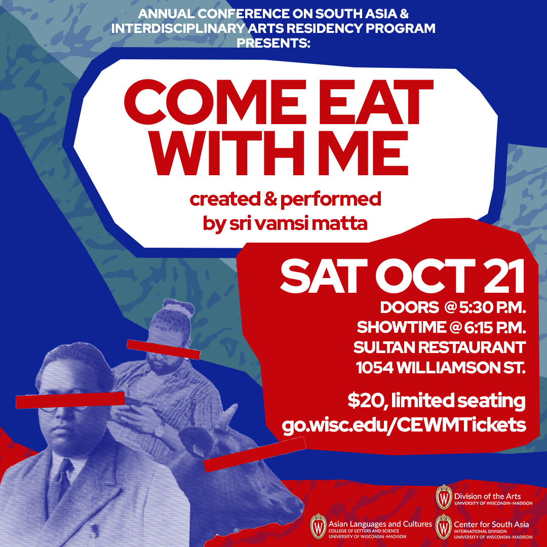 Join us for an unforgettable evening of art and insight, 'Come Eat With Me' by @SriVamsiMatta at @ACSAMadison. Explore the intricate connection between caste and food with a captivating performance. Save the date and bring your appetite for knowledge! #ACSA2023 @ACSAMadison