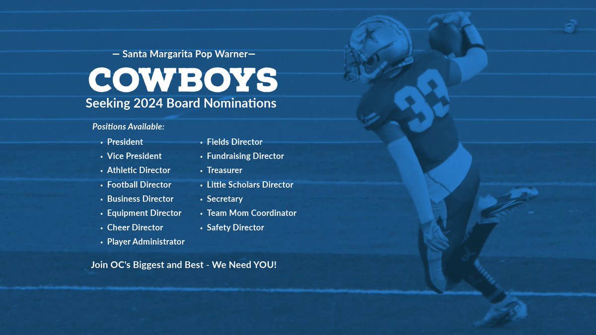 Join the SMPW Board of Directors! Nominations are now open for the 2024 season. #SMPWCowboys #PopWarner forms.gle/AFCPZmGKrHXUDn…