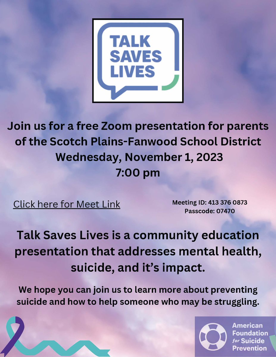 SPF mark your calendars for this free Zoom presentation for parents with Talk Saves Lives- presenting about mental health, suicide and it's impact. Nov. 1 @ 7 p.m. #spfproud zoom.us/j/4133760873?p…