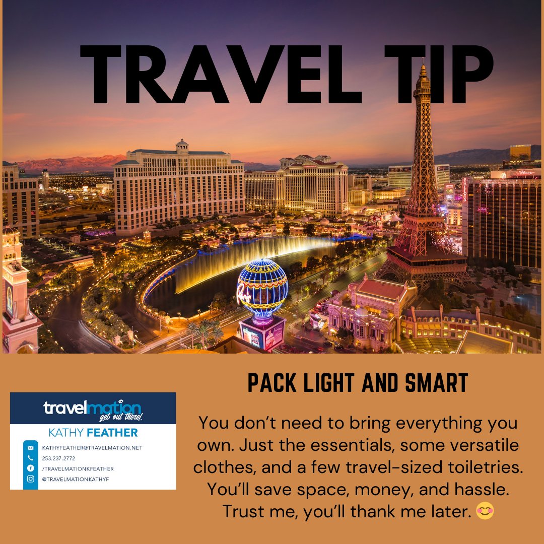 #TravelTip for today - Pack Light and Smart.  You don't need 19 outfits, trust me.  You'll get through security in a breeze and can save checked baggage fees if you don't have a rewards card or airline status.  #UseATravelAdvisor #GetOutThere