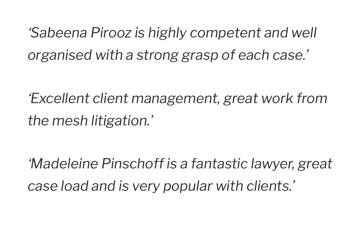 Delighted to have retained my Leading Individual status with Legal 500 and <a href="/fusonia/">Sonia Fu</a> and <a href="/sab_sul/">Sabeena Pirooz</a> to be recognised as key lawyers.  We have a fantastic team behind us.  Great testimonials too, thank you <a href="/ThompsonsLaw/">Thompsons Solicitors</a>