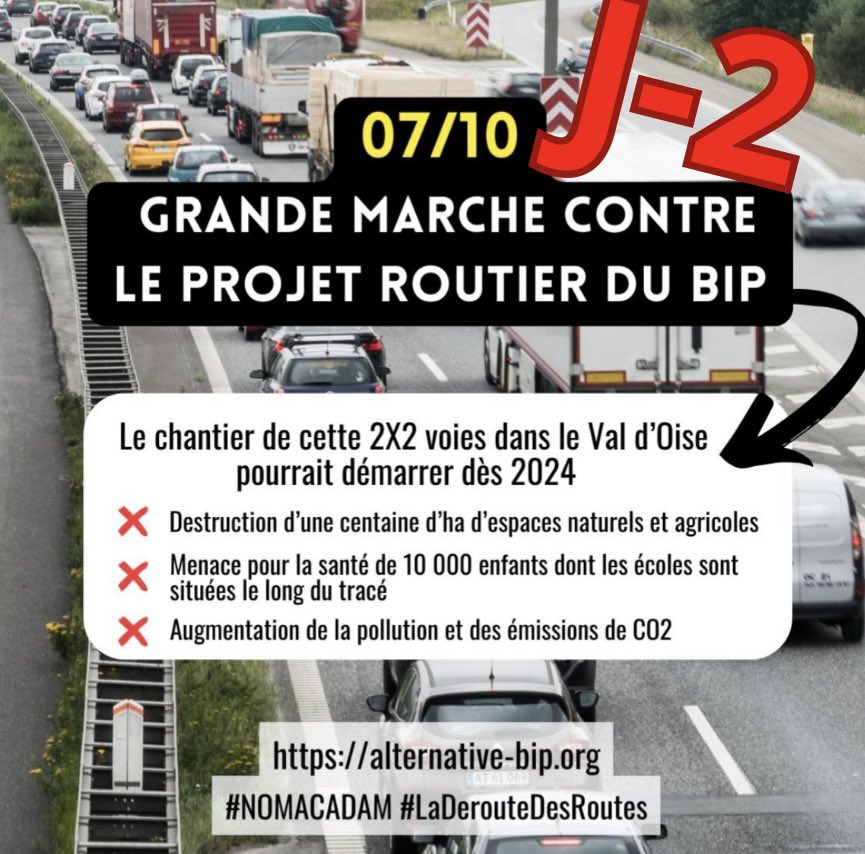 J-2 avant la marche contre le projet routier du BIP 🥾🌿🌳🐝 

•🔍 Plus d’infos : alternative-bip.org
•€ Cagnotte marche : bit.ly/cagnotte-march… 
•📝 Pétition : agir.greenvoice.fr/p/NonAuBIP 

#valdoise #montmorency #soisysousmontmorency #sarcelles #deuillabarre #groslay