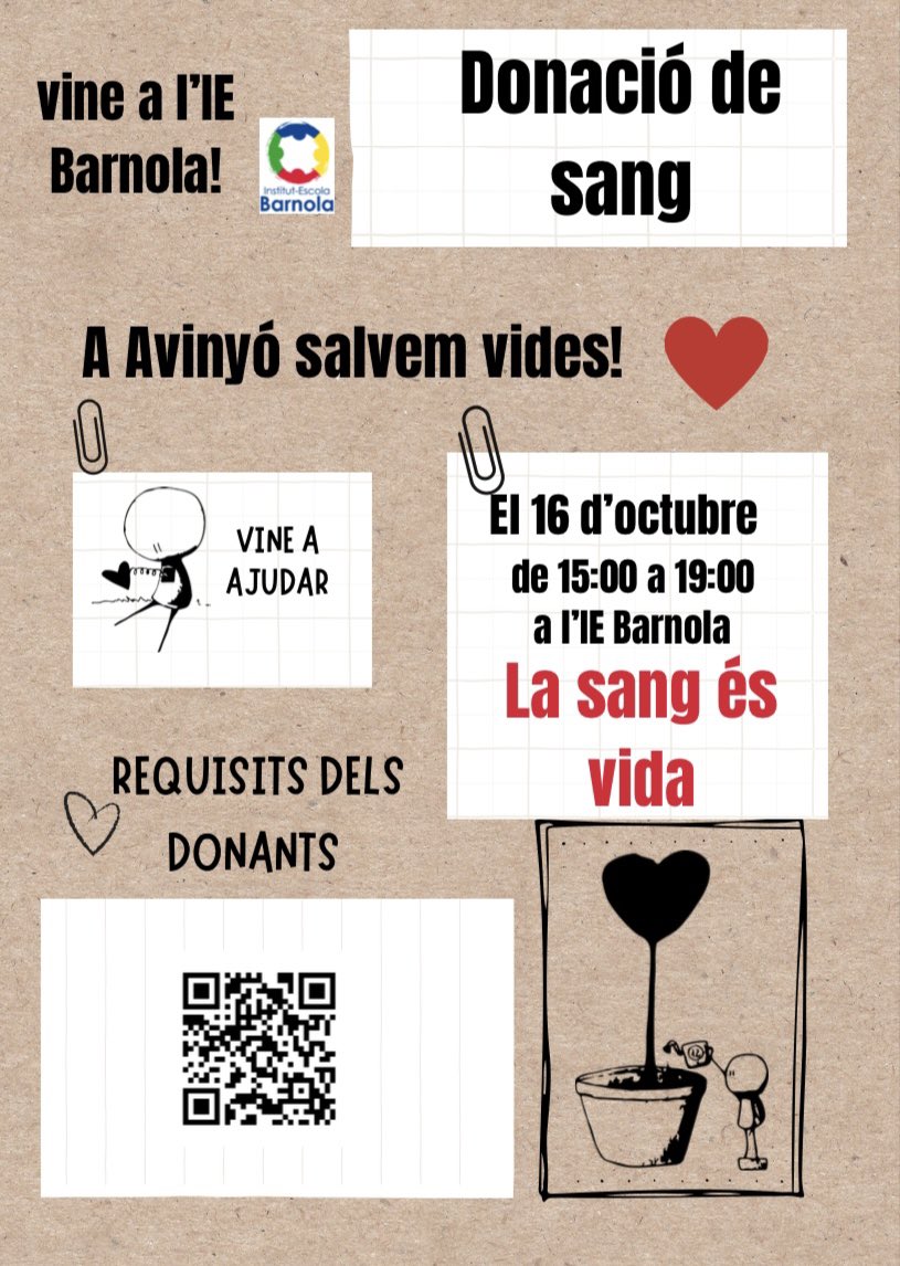 El pròxim 16 d’octubre, dona sang a l’<a href="/iebarnola/">IE Barnola</a>! 

#lasangésvida <a href="/donarsang/">Banc de Sang</a>