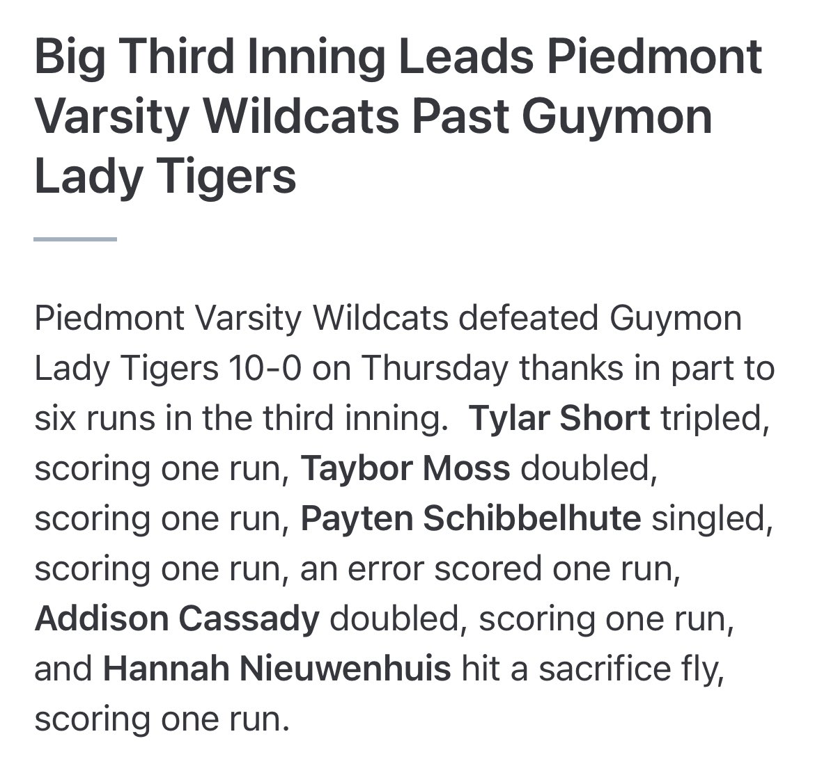 cat_softball's tweet photo. Game 34 Recap
Piedmont 10-Guymon 0
@p_schibbelhute: 4 IP, 2H, 0H, 0R, 0ER, 1BB, 4Ks; also 2 for 3, 2 RBIs
@tylar_short02: 2 for 3, 3B, 2 RBIs, 2 SB
@TayborMoss: 1 for 3, 2B, 1 RBI
@Hannahkaye2024: 1 for 1, 2B, RBI
Clark: 2 for 2, 2-2B
Gray: 1 for 3, 2 RBIs, 2SB
#DoublesForDays https://t.co/codV2PI9EV