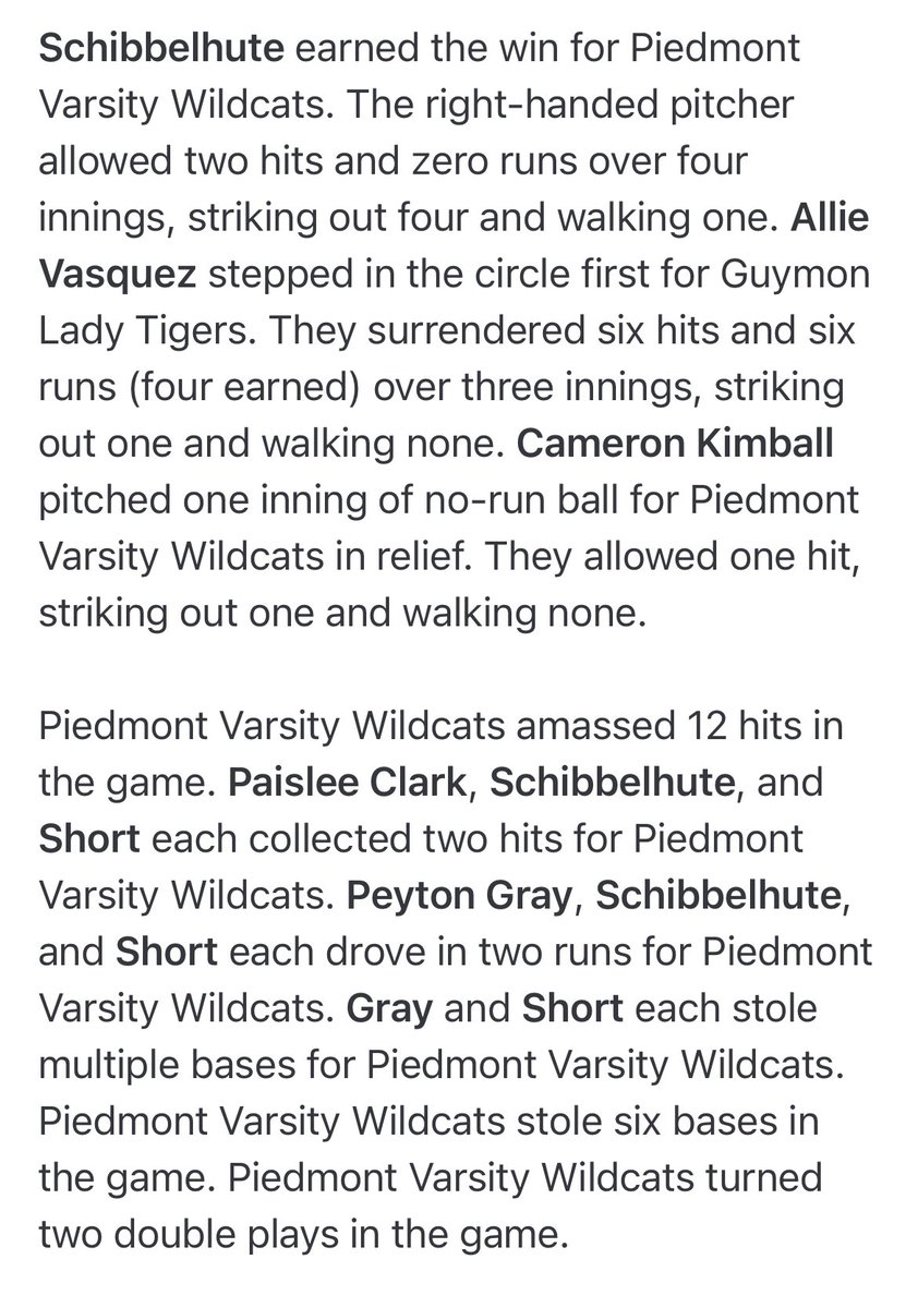 cat_softball's tweet photo. Game 34 Recap
Piedmont 10-Guymon 0
@p_schibbelhute: 4 IP, 2H, 0H, 0R, 0ER, 1BB, 4Ks; also 2 for 3, 2 RBIs
@tylar_short02: 2 for 3, 3B, 2 RBIs, 2 SB
@TayborMoss: 1 for 3, 2B, 1 RBI
@Hannahkaye2024: 1 for 1, 2B, RBI
Clark: 2 for 2, 2-2B
Gray: 1 for 3, 2 RBIs, 2SB
#DoublesForDays https://t.co/codV2PI9EV