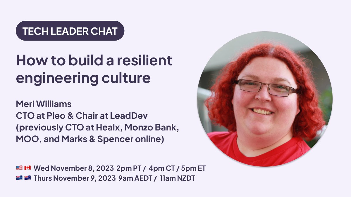 Rounding out 2023's virtual #TechLeaderChats w/ @Geek_Manager - learn from a globally recognized force in eng! 

Meri is known for:
- scaling companies to thousands 
- passion for #leadership (chair of @TheLeadDev)
- advocacy work in #DEI

RSVP: meetup.com/tech-leader-ch…