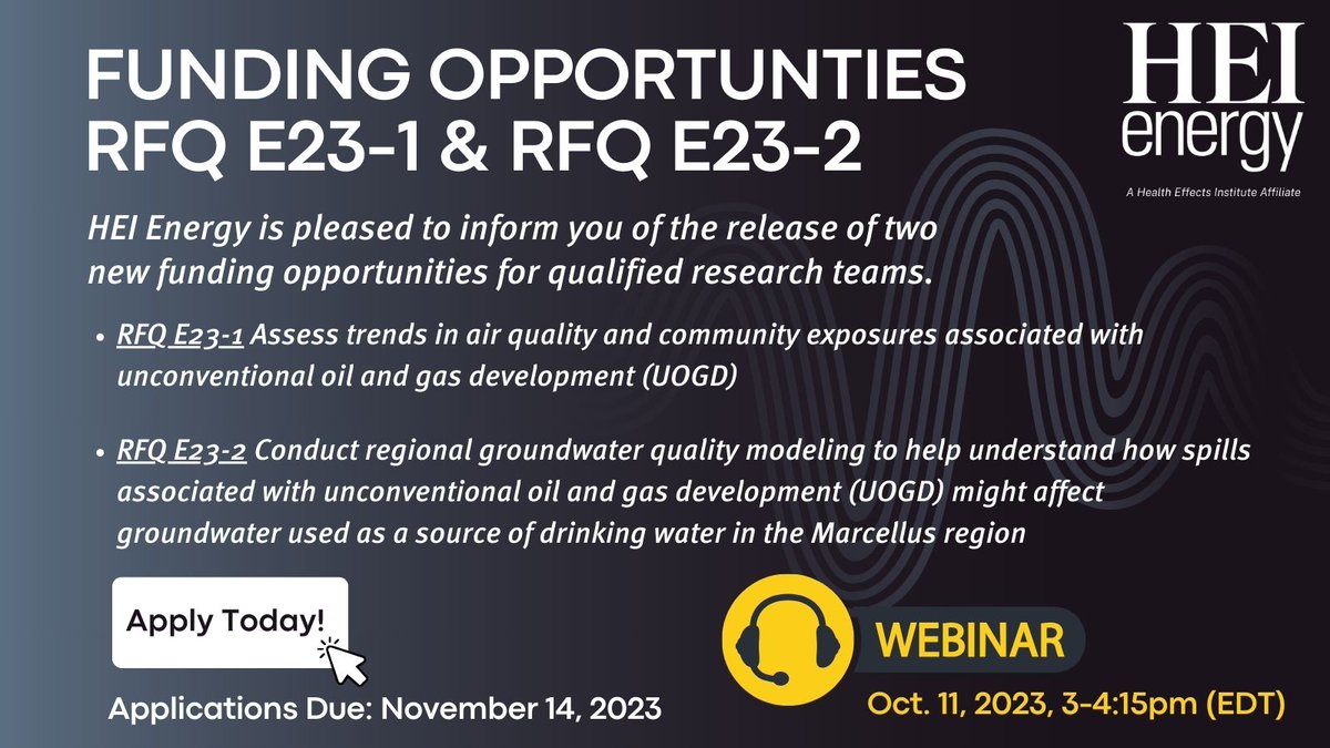 We are pleased to inform you of two new funding opportunities for qualified research teams. RFQ E23-1: Study #AirQuality trends associated with oil & gas development. RFQ E23-2: Explore #groundwater quality in the Marcellus region. Learn more: tinyurl.com/mwf7n5sz