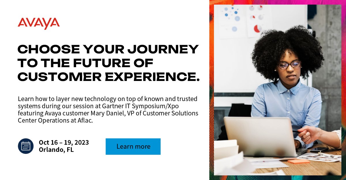 Avaya's tweet photo. Stop by our #GartnerSYM booth and find out how it’s possible to embark on your cloud journey while protecting your existing investments. https://t.co/hS9GpwKe0G #CIO #ExperiencesThatMatter https://t.co/wN8Ub7Xwzp