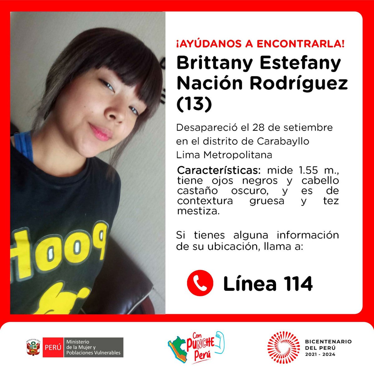 🚨 ¡Ayúdanos a encontrarla! Brittany Estefany Nación Rodríguez (13) desapareció el 28 de setiembre en Carabayllo, Lima. Vestía buzo azul con rayas blancas. Si tienes alguna información de su ubicación, llama a la ☎️ #Línea114.