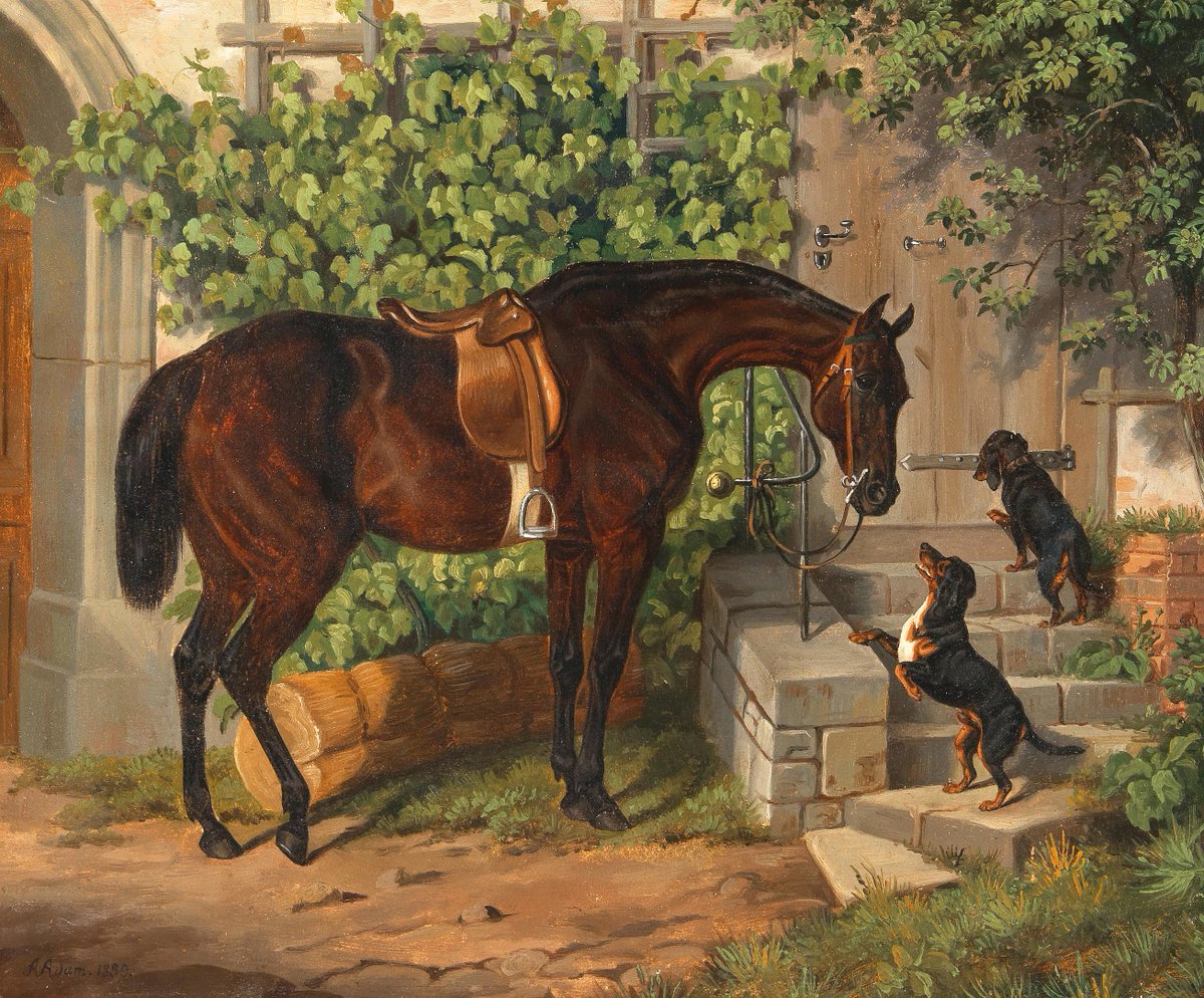 A Saddled Bay Horse and Curious Dachshunds by Albrecht Adam (1786-1862); painted 1850
#art #artwork #artworks #artist #painting #paintings #horseart #horse #horsepainting #horseartist #dog #dogs #puppy #dogart #dogartist #dogpainting #dachshund #paintingoftheday #animal #animals