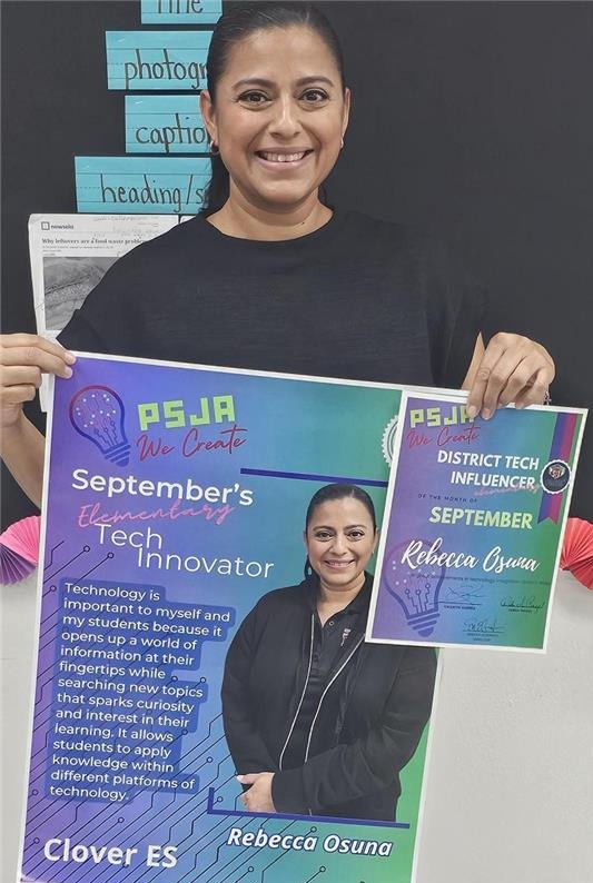 Congratulations to our first ever #techinnovator @PSJAISD Ms. Rebecca Osuna from Clover ES. Thank you for being a passionate advocate for tech integration to improve learning. #EdTech #Education #Innovation #Spotlight 💻📲🔖📚