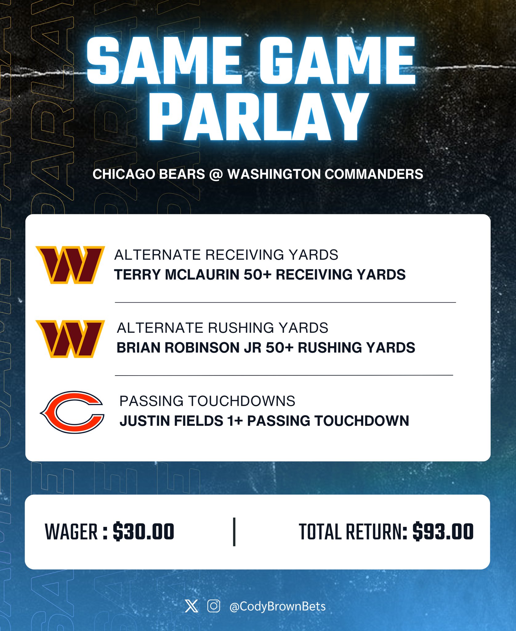 Bears-Commanders Same Game Parlay Bet for Thursday Night Football (Oct. 5)