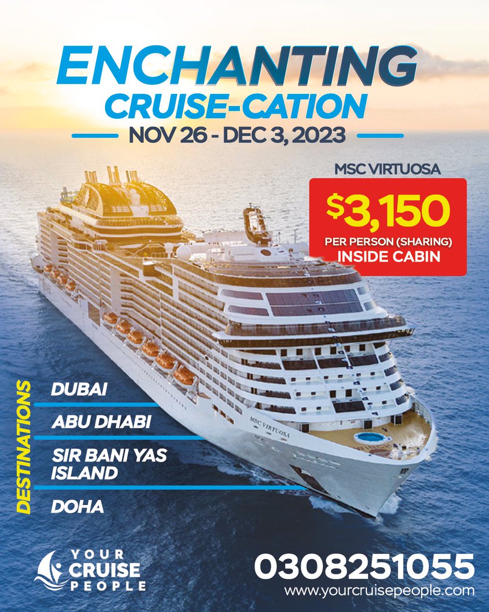 CRUISE - CATION 💙

It’s an All-Inclusive package onboard the MSC Virtuosa to discover Dubai, Abu Dhabi & Sir Bani Yas Island in the United Arab Emirates, and Doha in Qatar.

Call ☎️ 0308 251055 to book.

#cruisepeoplegh  #cruise #qatarcruise #vacation #cruiseholiday #Ghana