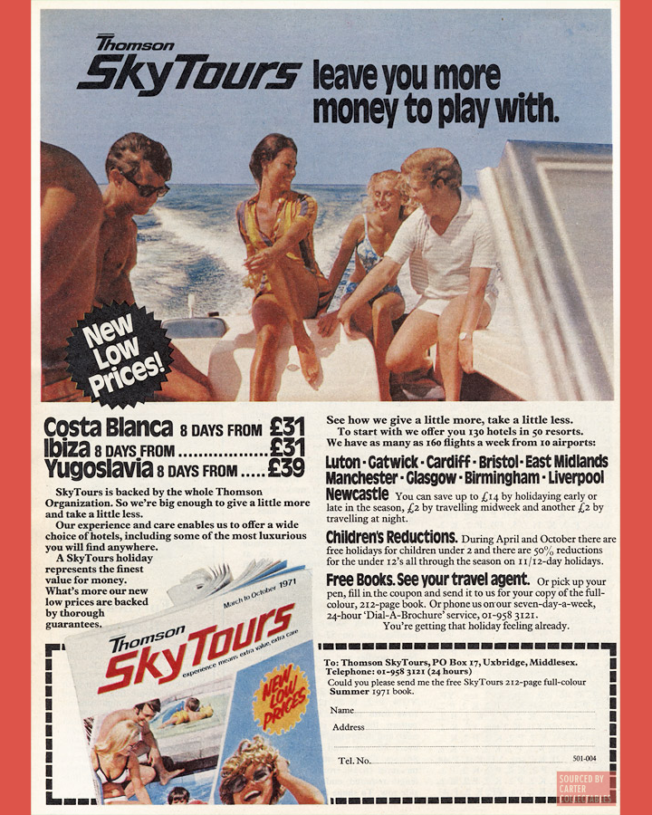 Thomson Skytours: for many Britons', their first foreign holiday. 1971 advert. #VintageAdvertising #BritishBrands #GreatBritishFood #1970s #1977