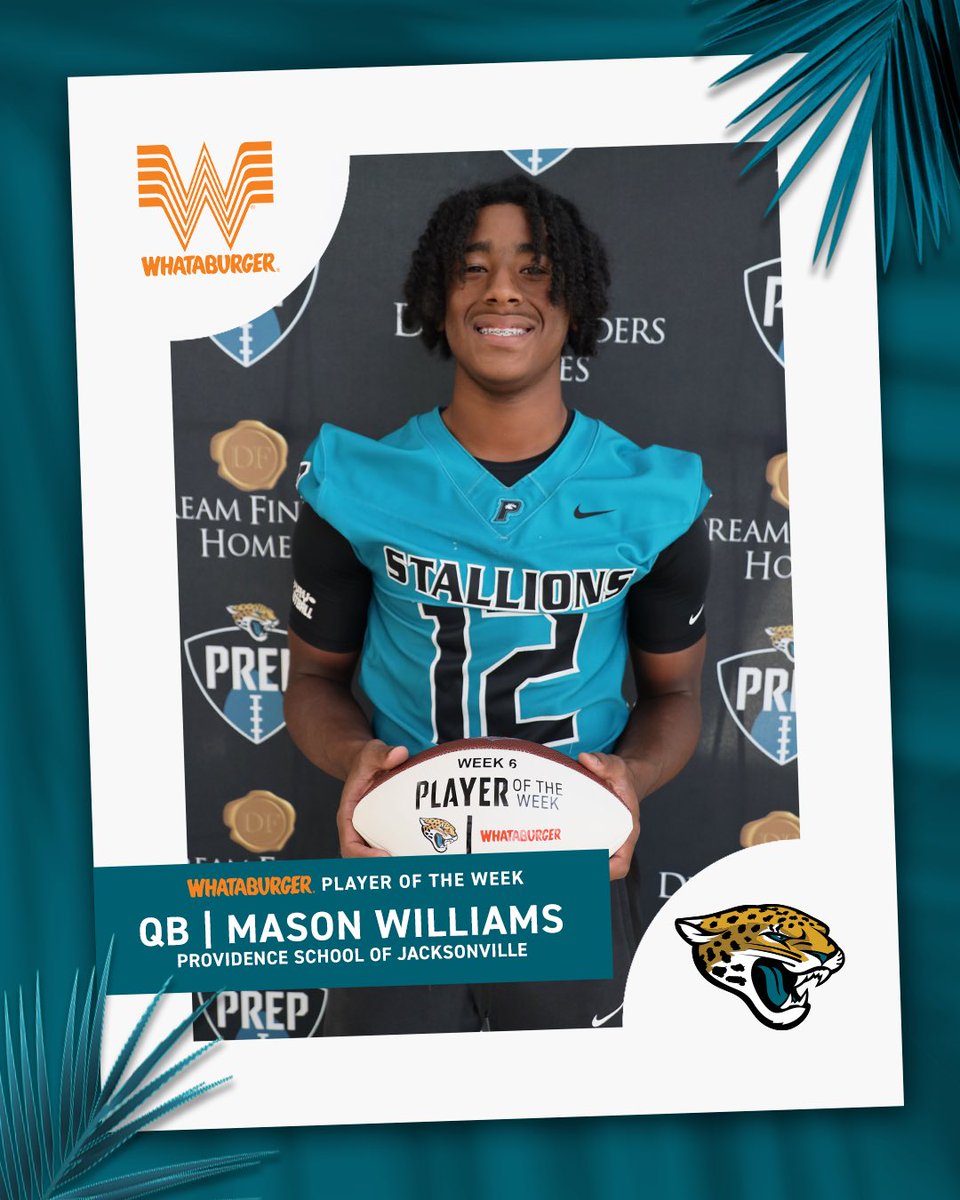 The @Whataburger Player of the Week for Week 6 is Mason Williams! He had 100 passing yards and a TD. He also had 150+ rushing yards a TD. @Jaguars | @ActionSportsJax