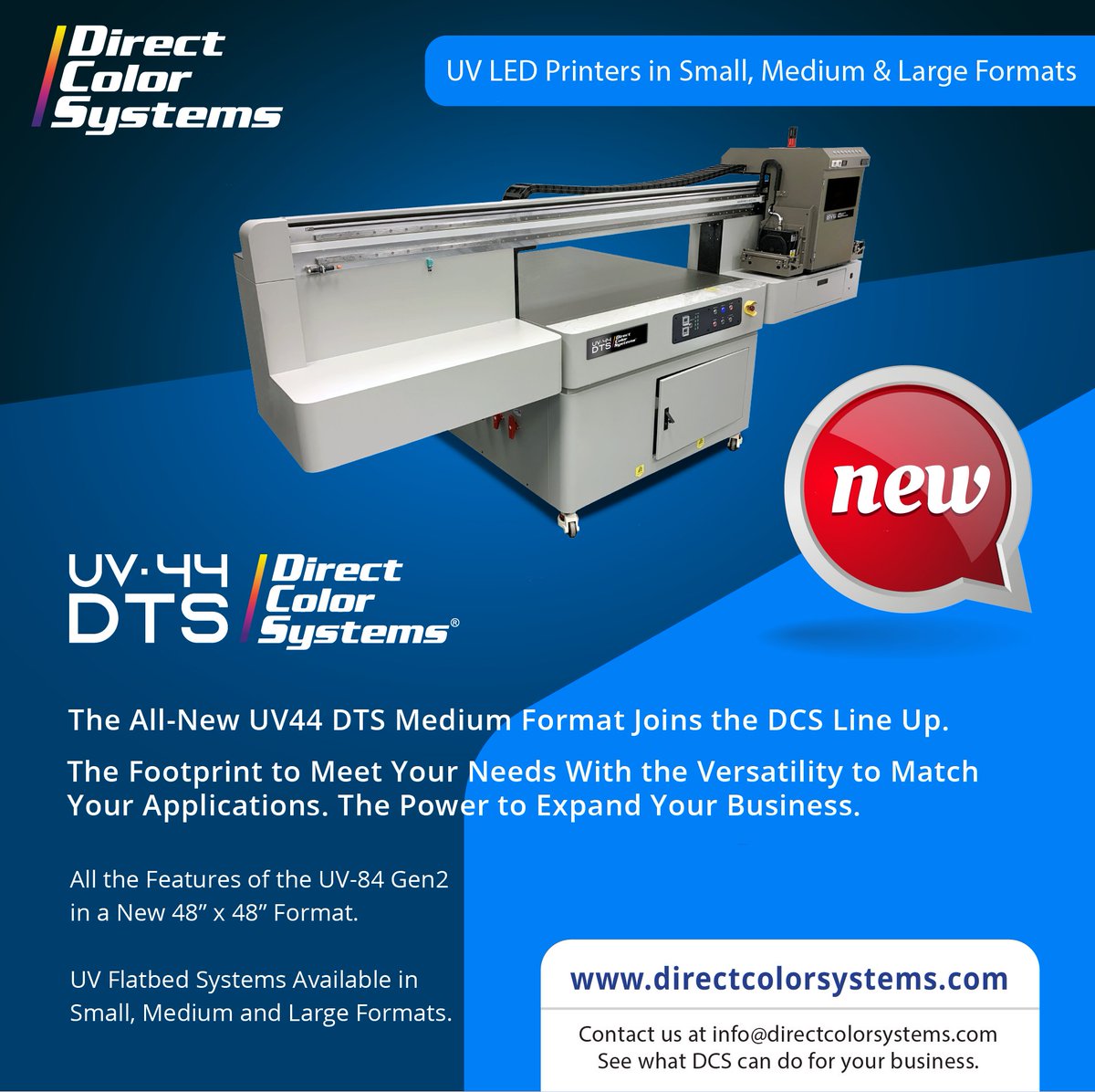 DCS_US's tweet photo. The All New UV-44 DTS,
All the Features of the UV-84 Gen2 in a 48” x 48” Format. 
UV Flatbed Systems Available in Small, Medium and Large Formats. https://t.co/gLoibpPxIa