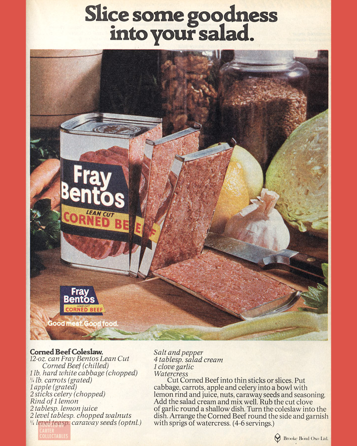 What to do if you lose the key off your tin of corned beef. 1975 Fray Bentos advert. Did you know that Fray Bentos is a city in Uruguay? #VintageAdvertising #BritishBrands #GreatBritishFood #1970s #1975