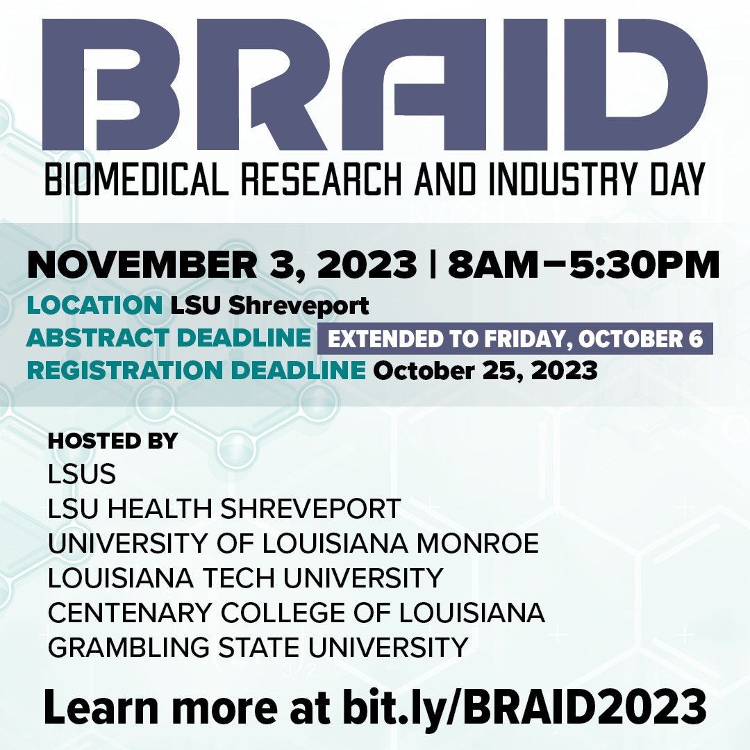 DEADLINE EXTENDED📢The abstract submission deadline for Biomedical Research and Industry Day 2023 has been extended to midnight on Friday, October 6. Submit your abstract online at lsuhs.edu/centers/cardio…