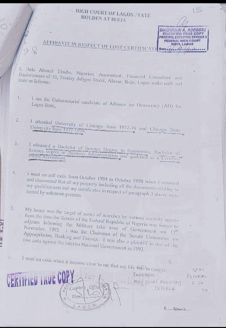 MissPearls's tweet image. This is Tinubu’s 1999 affidavit, sworn on oath

Nigeria is a lawless country mehn!!!!