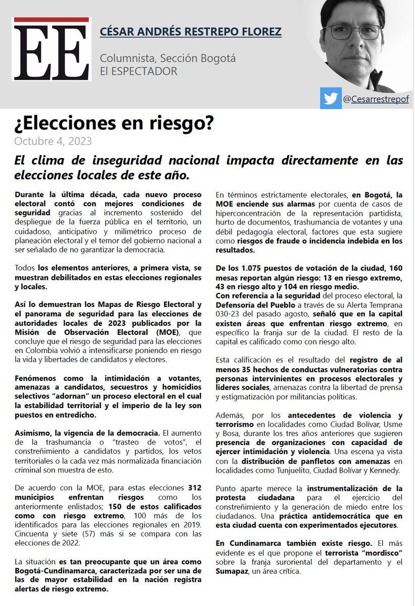 Cesarestrepof's tweet photo. 👀¿Cómo está el ambiente general para las elecciones?

😬¿Cuál es el nivel de riesgo que enfrenta @Bogota ?

🤔¿Cómo contribuir a la protección de la democracia electoral?

🚩🚩🚩🚩¿ELECCIONES EN RIESGO? https://t.co/J6tOIXwwFm https://t.co/T7w77D4WY0