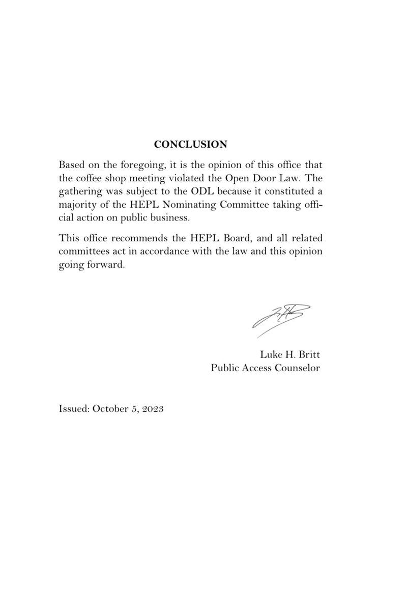 Looks like the Public Access Counselor ruled the previous HEPL board majority violated Open Door Law twice in the past few weeks. My complaint about the coffee shop meeting hasn’t been posted online get, but I received a copy today (cont.)<a href="/Rachel_Fradette/">Rachel Fradette</a>