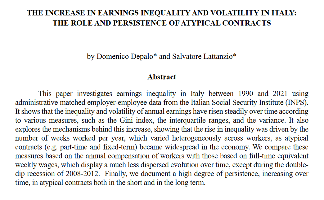 In a new WP w/ @domenico_depalo we establish a few facts on the evolution of earnings inequality in 🇮🇹 in the last 30 years.

bancaditalia.it/pubblicazioni/…

A thread 🧵

[1/10]