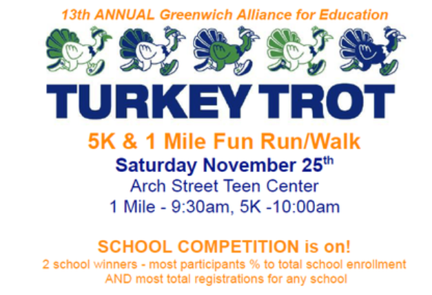 🦃TURKEY TROT 11/25🦃
Register as a NMS student to run/walk at greenwichalliance.org and help our school win bragging rights.
Adult registration is $30 until 10/31
Children are $15
T-shirts guaranteed if registered by 11/8
<a href="/NMSCTP/">Kathleen Ramirez</a> <a href="/NMSCTAP/">North Mianus School</a>