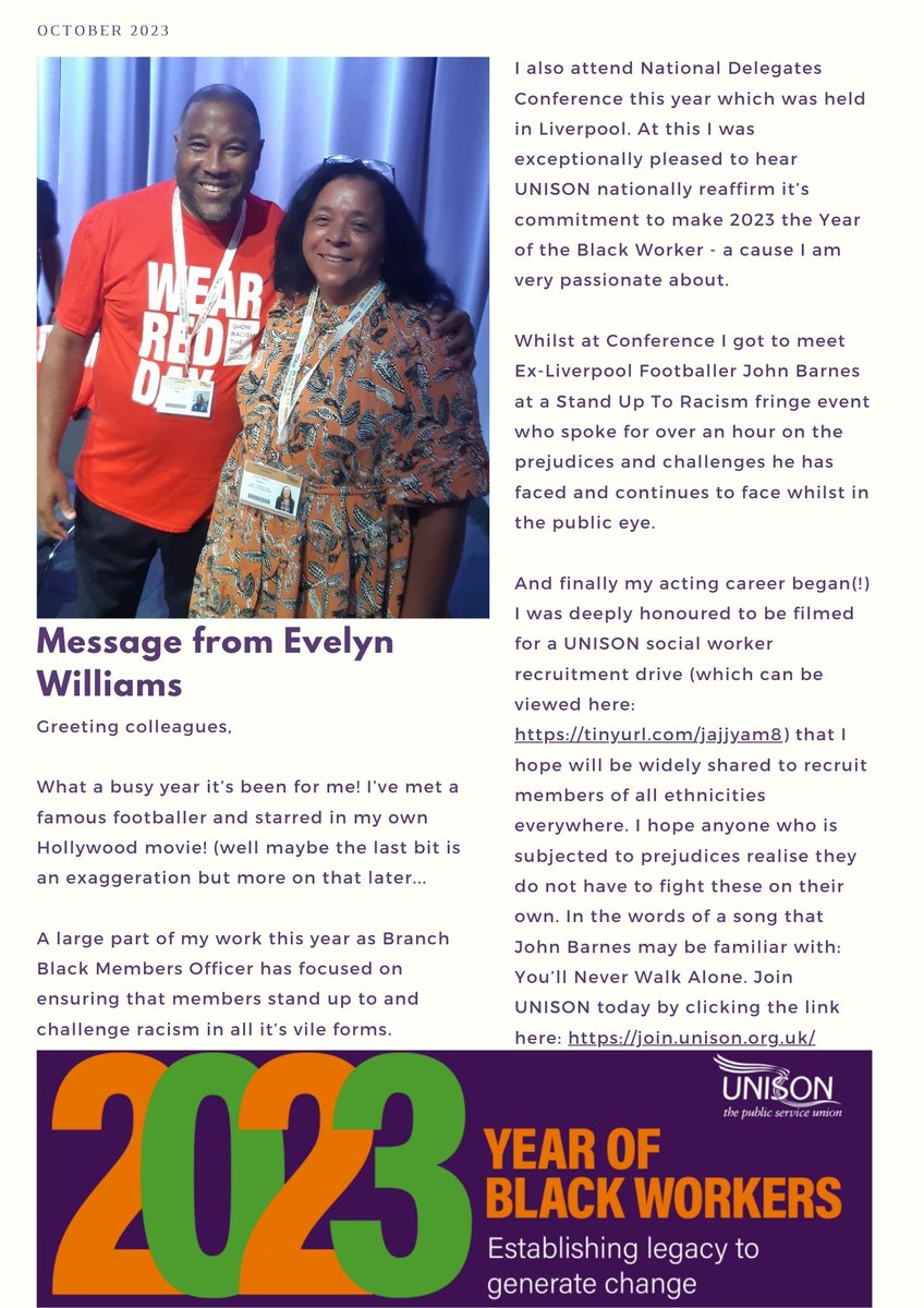 Dear members, Here is a newsletter from our Black Members Officer, Evelyn Williams to coincide with #BlackHistoryMonth in October and 2023 being the Year Of The Black Worker