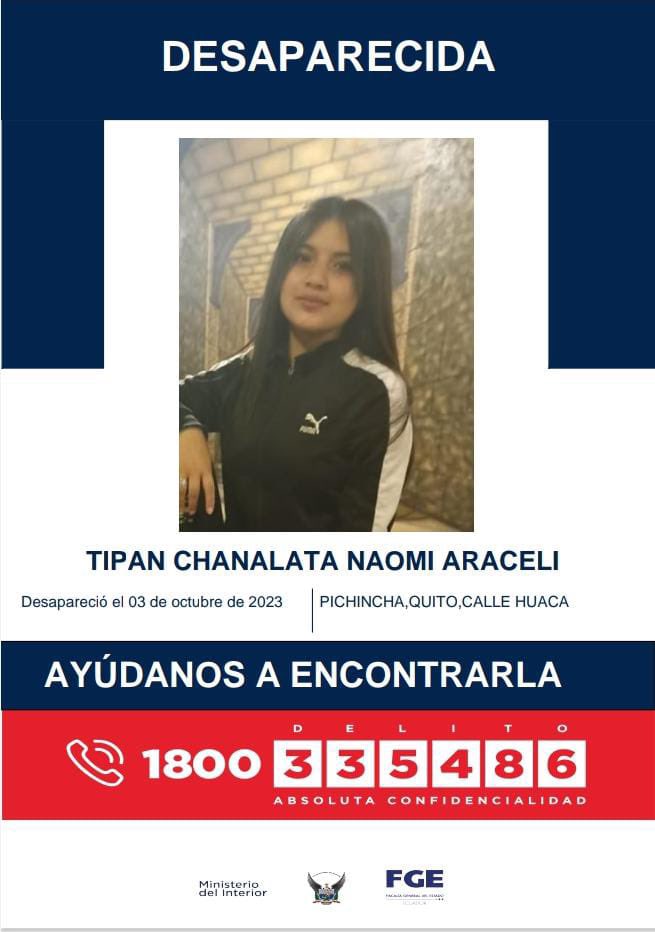 AsfadecEc's tweet photo. #DesaparecidasEcuador | #AyudanosAEncontrarla

🛑NAOMI ARACELI TIPAN CHANALATA, de 13 años de edad, fue vista por última vez el 03 de septiembre del 2023 en la calle Huaca sector La Magdalena, sur de Quito.

🙏🏻Si crees haberla visto , comunícate a: ECU 911 o al 0992872742 Asfadec https://t.co/JrL1rlyS6B