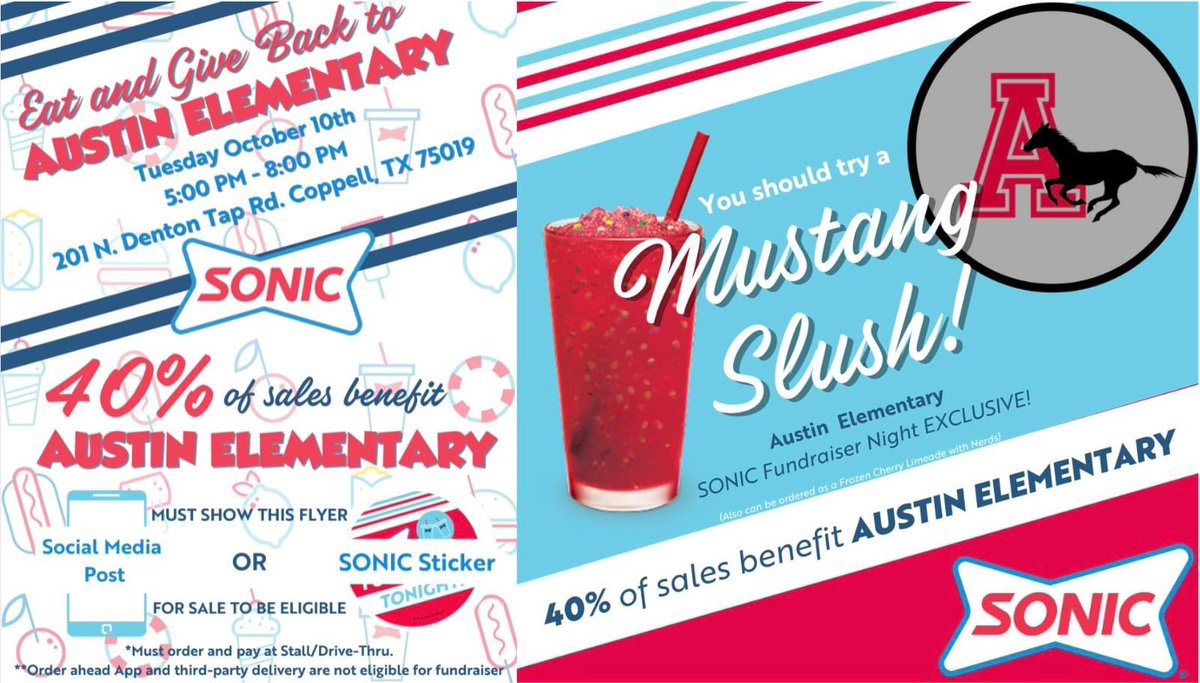 SONIC night is back!! This TUESDAY, Oct 10th 5-8pm. Skip the dishes and come join in the fun! Our Denton Tap Sonic even created an exclusive MUSTANG SLUSH for the night! Show this social media post, or the sticker we send home and 40% will come back to Austin PTO! ❤️🍔🥤