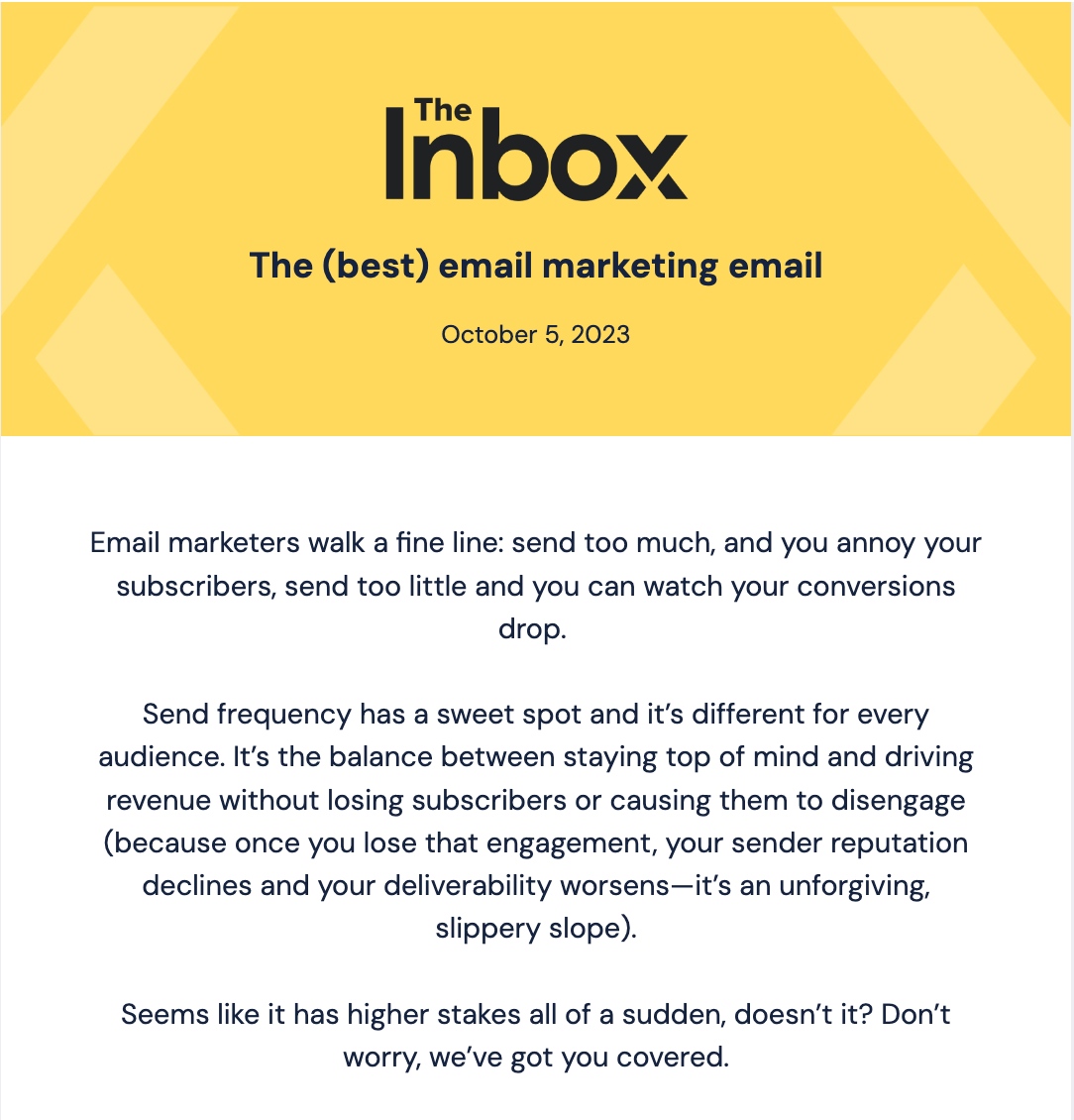 Delivra's tweet image. Too much or not enough: how frequently you send marketing emails is a delicate (even dangerous?) balance. That's the focus of the latest edition of #TheInbox newsletter for #emailmarketers.
Read it: tinyurl.com/yc797zc3
Subscribe: delivra.com/the-inbox