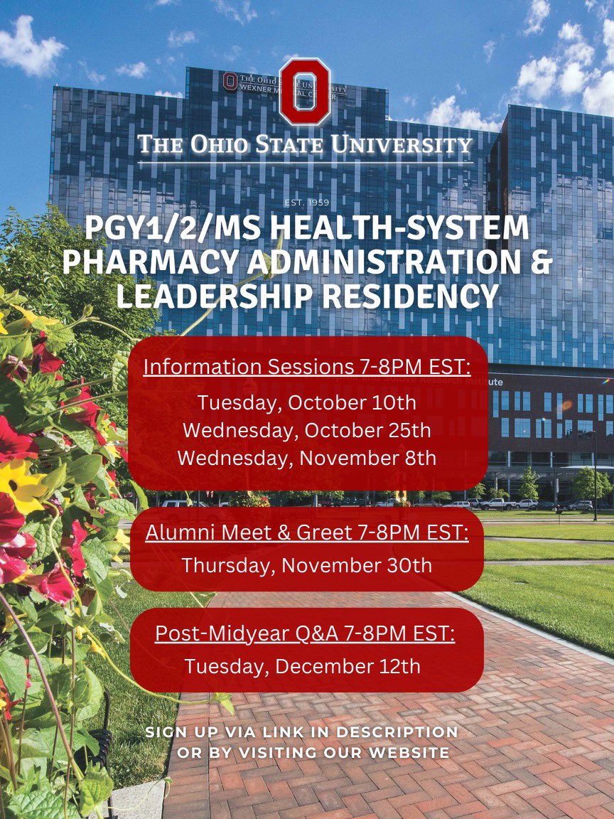 🌟 Are you ready to take your career in pharmacy to the next level? The Ohio State University Residency program invites you to learn more about the PGY1/2/MS Health System Pharmacy Administration and Leadership Residency!🌟

The registration link here: lnkd.in/ghya-zfR